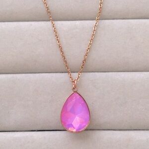 Pink-Purple Opal Aurora Borealis + Rose Gold Crystal Pear Drop Pendant Necklace
